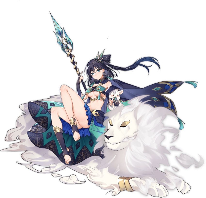 1girl anklet ark_order ass bangs bare_legs black_bra black_gloves black_hair black_legwear bra bridal_gauntlets bunny cloud earrings floral_print flower gloves gold_trim green_bra green_eyes hair_rings holding holding_polearm holding_weapon hoop_earrings jewelry knees_up lan_ren_hui lion long_hair looking_at_viewer lotus multicolored_clothes multicolored_skirt official_art one_side_up polearm sitting skirt socks solo spear stirrup_legwear toeless_legwear toenails transparent_background underwear vaisravana_(ark_order) weapon