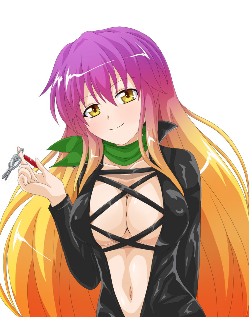 alternate_costume bangs biker_clothes bikesuit black_bodysuit blonde_hair bodysuit breasts cleavage closed_mouth collarbone commentary_request cross-laced_clothes eyebrows_visible_through_hair full-length_zipper gradient_hair green_scarf happy highres hijiri_byakuren key keyring large_breasts latex latex_bodysuit long_hair long_sleeves midriff multicolored_hair navel official_alternate_costume one-hour_drawing_challenge open_clothes purple_hair scarf simple_background skin_tight smile ten'yoku touhou turbo_byakuren two-tone_hair unzipped upper_body urban_legend_in_limbo very_long_hair white_background yellow_eyes zipper