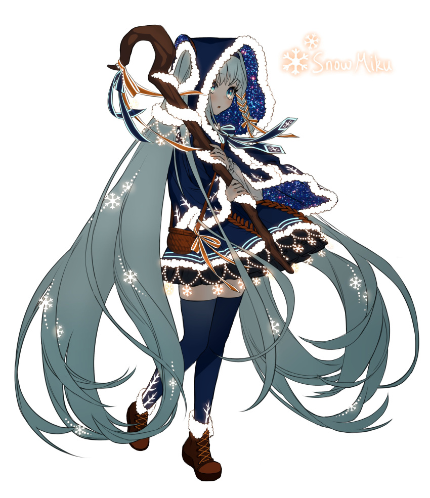 1girl 2021 absurdres animal_ears ankle_boots aqua_hair bag bangs blue_bow blue_bowtie blue_dress blue_legwear boots bow bowtie braid brown_footwear capelet cat_ears character_name dress fake_animal_ears from_side full_body fur-trimmed_boots fur-trimmed_capelet fur-trimmed_dress fur-trimmed_hood fur_trim garland_(decoration) glowing hair_ornament hair_ribbon hair_through_headwear hairband hatsune_miku highres holding holding_staff hood hood_up hooded_capelet long_hair long_sleeves looking_to_the_side oohhya orange_ribbon ribbon ribbon_braid rope shoes shoulder_bag side_braid simple_background single_braid snowflake_hair_ornament snowflakes solo staff standing starry_sky_print string_of_light_bulbs thighhighs twintails very_long_hair vocaloid white_background yuki_miku zettai_ryouiki