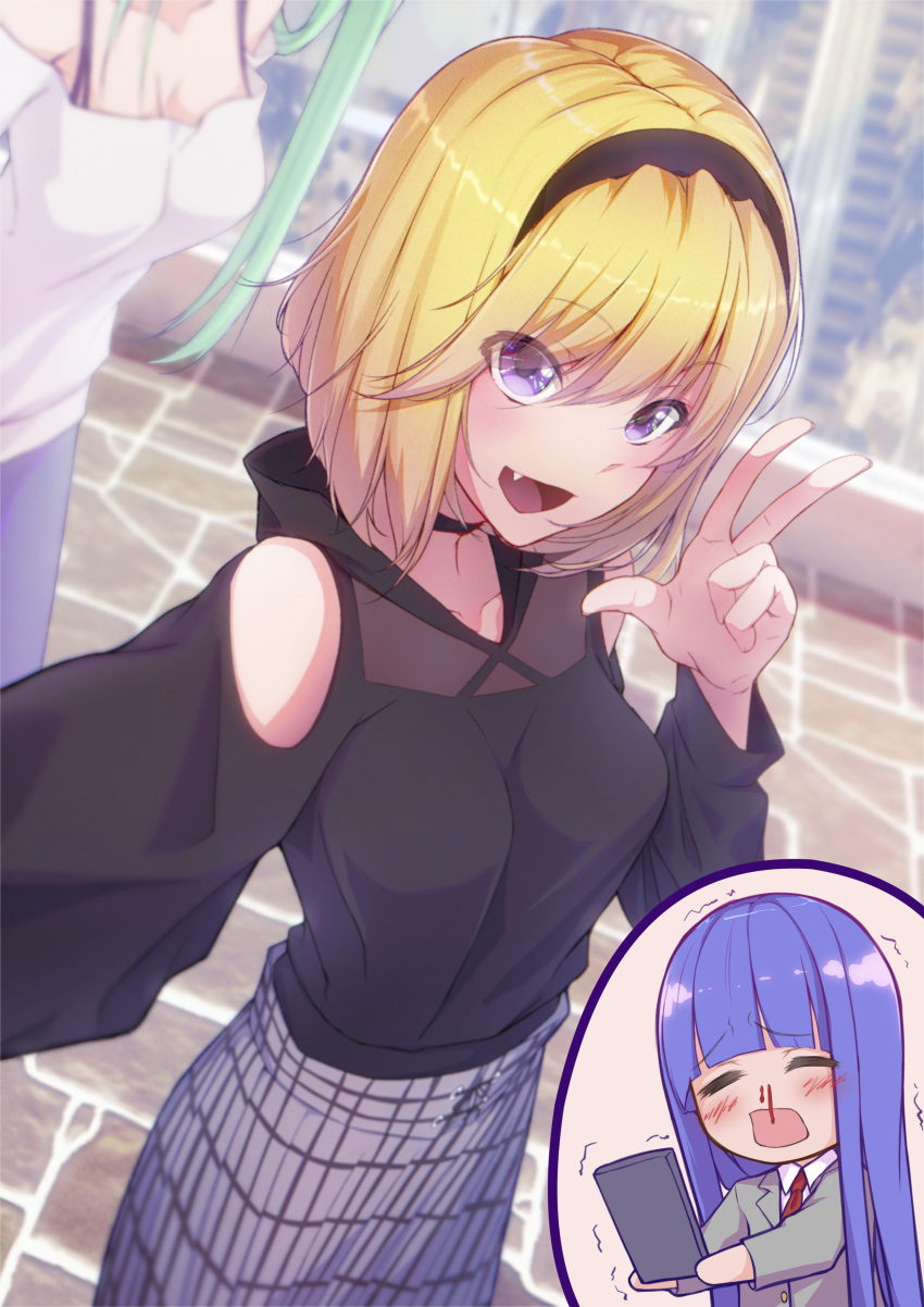 3girls absurdres bangs bare_shoulders black_choker blonde_hair blood blue_hair blunt_bangs blurry blurry_background breasts choker cityscape cleavage dutch_angle fang furude_rika green_hair highres higurashi_no_naku_koro_ni houjou_satoko long_hair looking_at_viewer medium_breasts multiple_girls multiple_piercings necktie nosebleed purple_eyes red_neckwear ribbon_choker selfie shichiroku_(pixiv_25029782) smile sonozaki_shion spaghetti_strap stone_walkway trembling uniform v yuri