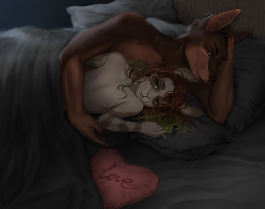 &lt;3 2022 absurd_res anthro arm_around_waist arm_support bed brown_body brown_fur brown_hair brown_skin canid canine canis clothed clothing colored cuddling detailed detailed_background digital_drawing_(artwork) digital_media_(artwork) digital_painting_(artwork) dobermann domestic_dog duo embrace fur furniture girly green_eyes green_hair gynomorph hair hand_in_hair heart_(marking) hi_res highlights_(coloring) inside intersex intersex/male kain_vanderhilt lagomorph leaning_on_elbow leporid light lighting looking_at_another looking_at_partner looking_at_viewer lying male mammal mottled mottled_body mottled_skin multicolored_body multicolored_fur multicolored_hair multicolored_skin nazena_ra nipple_piercing nipple_ring nipples nude on_bed on_side pale_body pale_skin piercing pillow pinscher rabbit red_eyes sandry_vallheim shaded size_difference smile topless touching_hair trans_(lore) trans_woman_(lore) translucent translucent_clothing under_covers