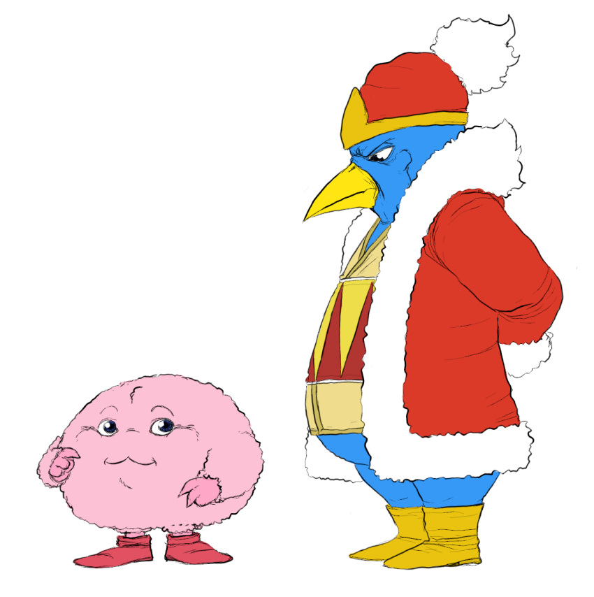 2022 anthro avian beak bird blue_body blue_eyes blue_feathers boots cat_smile clothed clothing duo duo_focus feathers feral footwear fur group hat headgear headwear hi_res king_dedede kirby kirby_(series) male monster nintendo penguin pink_body pink_fur realistic red_clothing red_footwear red_shoes royalty shirtbusters shoes simple_background tagme video_games white_background yellow_beak yellow_boots yellow_clothing yellow_footwear