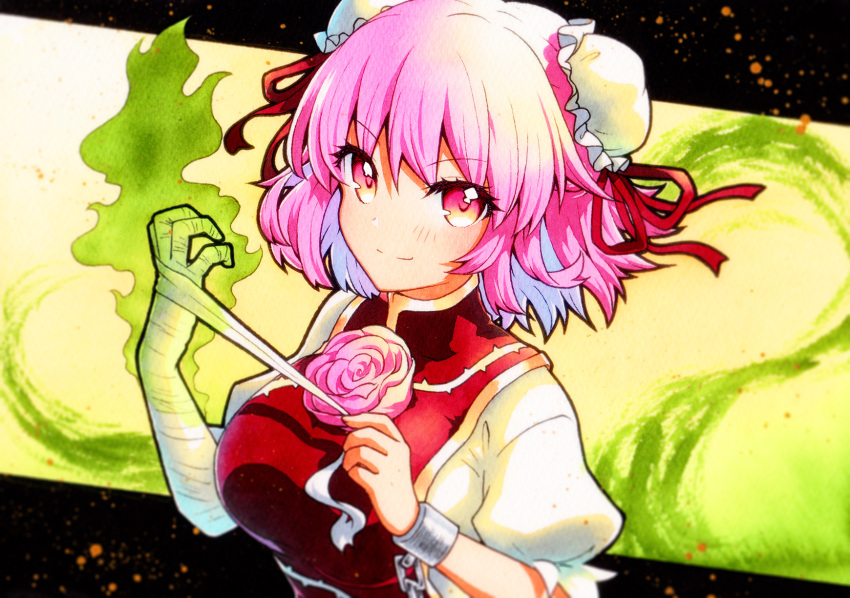 1girl bandages bangs black_border blush border breasts bun_cover chain closed_mouth commentary_request cuffs double_bun eyebrows_visible_through_hair fire flower gradient gradient_background green_background green_fire hair_between_eyes hands_up highres ibaraki_kasen looking_at_viewer medium_breasts pink_eyes pink_flower pink_hair pink_rose puffy_short_sleeves puffy_sleeves qqqrinkappp red_ribbon ribbon rose shackles shirt short_hair short_sleeves smile solo tabard touhou traditional_media upper_body v-shaped_eyebrows white_shirt yellow_background
