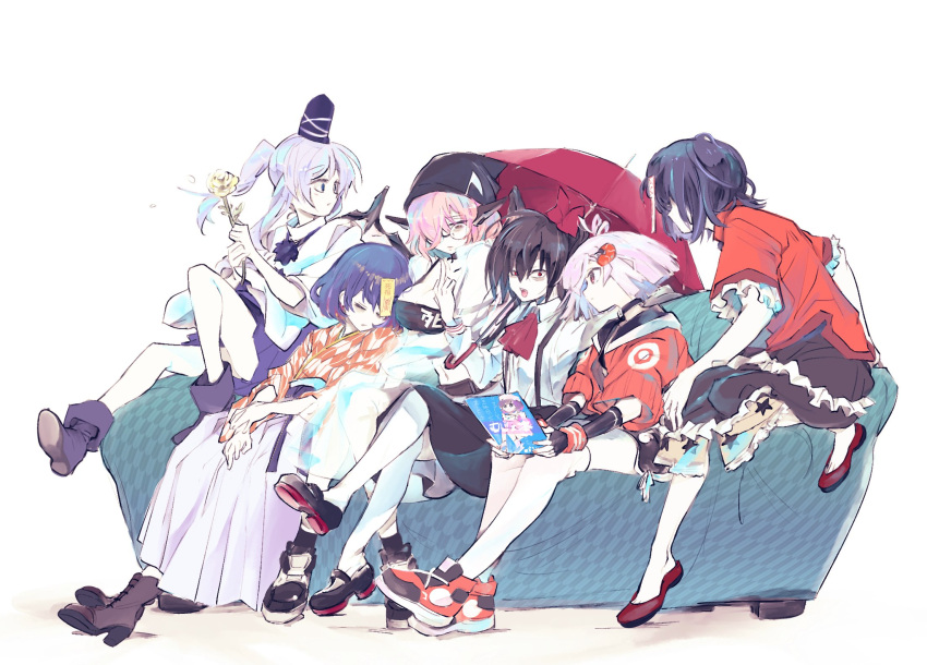 6+girls 90_sik ascot azuki_aisu_ranmaru bandana bangs black_bandana black_gloves black_hair black_headwear black_shorts black_skirt blue_eyes blue_skirt bow breasts cleavage closed_eyes closed_mouth colored_inner_hair colored_skin commentary_request computer cookie_(touhou) couch elbow_gloves expressionless fingerless_gloves flat_chest frilled_shirt_collar frilled_skirt frills full_body gloves grey_hair hair_over_one_eye hat highres indie_virtual_youtuber ishinomaki_tsumuri jacket japanese_clothes jiangshi kimono laptop large_breasts long_hair long_sleeves looking_at_viewer looking_to_the_side middle_finger miyako_yoshika mononobe_no_futo multicolored_hair multiple_girls multiple_persona mystia_lorelei ofuda open_mouth orange_hair pink_hair pom_pom_(clothes) ponytail purple_hair red_ascot red_bow red_eyes red_footwear red_jacket red_shirt room_201 round_eyewear shirt shoes short_hair short_sleeves shorts shrimp_hair_ornament sitting siyudi_(cookie) skirt small_breasts smile tate_eboshi touhou umbrella virtual_youtuber white_background white_kimono white_legwear white_skin wide_sleeves yagasuri