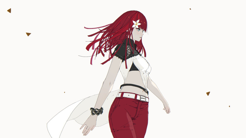 1girl belt breasts closed_mouth d.k denim flower hair_flower hair_ornament highres jeans long_hair mixed-language_commentary navel nier_(series) nier_automata pants popola red_hair simple_background solo white_background