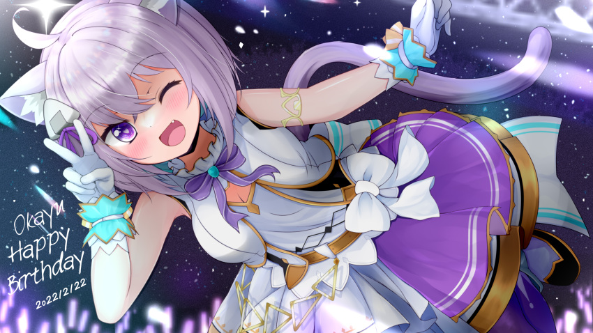 1girl ;d absurdres ahoge animal_ear_fluff animal_ears armlet bakko bangs belt blush bow bow_skirt bowtie cat_ears cat_girl cat_tail character_name crossed_bangs dutch_angle eyebrows_visible_through_hair fang gloves hair_between_eyes happy_birthday highres hololive hololive_idol_uniform idol layered_skirt looking_at_viewer miniskirt nekomata_okayu official_alternate_costume one_eye_closed purple_bow purple_bowtie purple_eyes purple_hair purple_skirt short_hair skirt sleeveless smile solo tail v vest virtual_youtuber white_bow white_gloves white_skirt white_vest wrist_cuffs