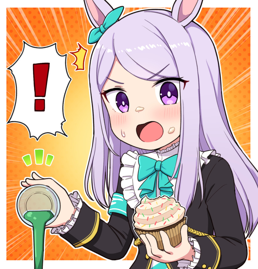 ! 1girl ^^^ animal_ears armband bangs black_jacket blue_bow blue_ribbon bow commentary_request cupcake drink ear_ribbon emphasis_lines eyebrows_visible_through_hair food food_on_face highres holding holding_food horse_ears jacket long_hair looking_at_viewer mejiro_mcqueen_(umamusume) open_mouth pouring purple_eyes purple_hair ribbon solo spoken_exclamation_mark sweat swept_bangs takiki umamusume upper_body v-shaped_eyebrows