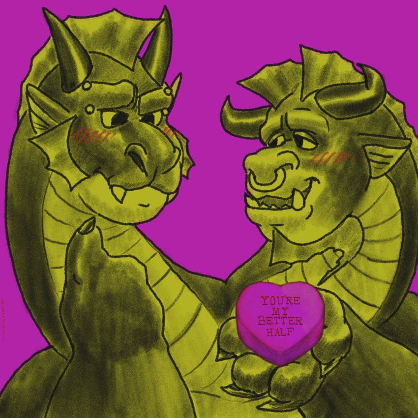 &lt;3 2_heads adairarcadia anthro blush dragon duo eyebrow_piercing facial_piercing hi_res holidays horn long_neck male male/male multi_head nose_piercing nose_ring piercing scalie valentine's_day