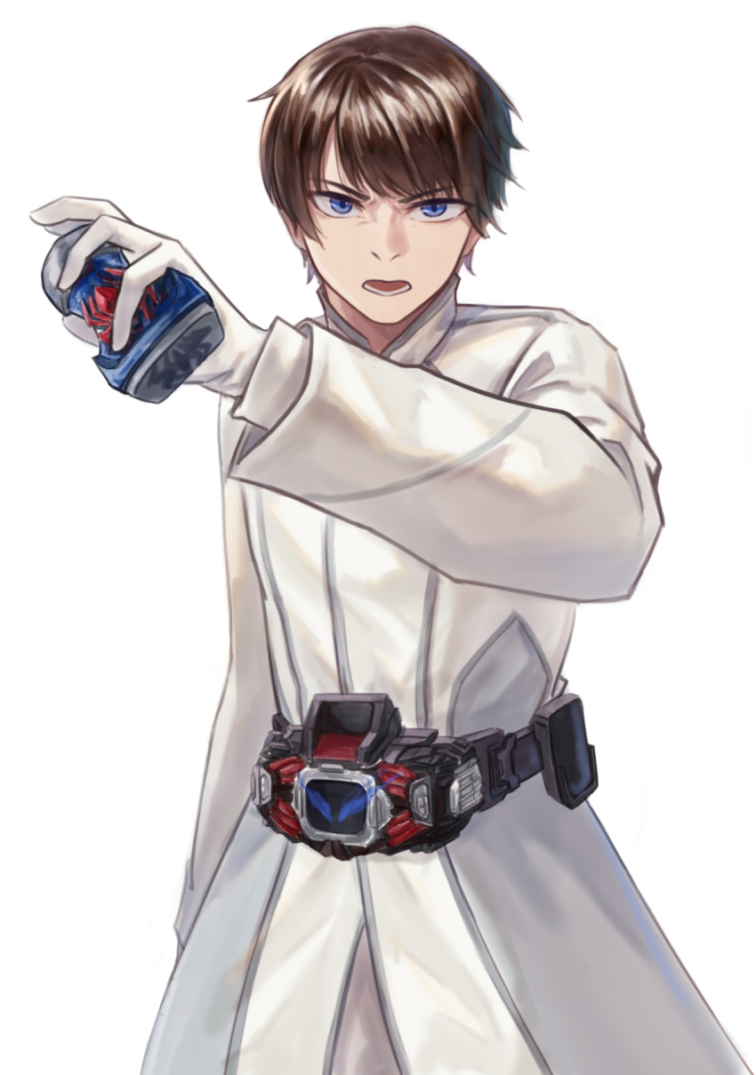 1boy blue_eyes brown_hair bug demons_driver determined driver fenix_uniform gloves henshin henshin_pose highres kadota_hiromi kamen_rider kamen_rider_revice looking_at_viewer male_focus military military_uniform open_hand pose rider_belt spider spider_genome takaaaa tokusatsu uniform vistamp white_background white_gloves