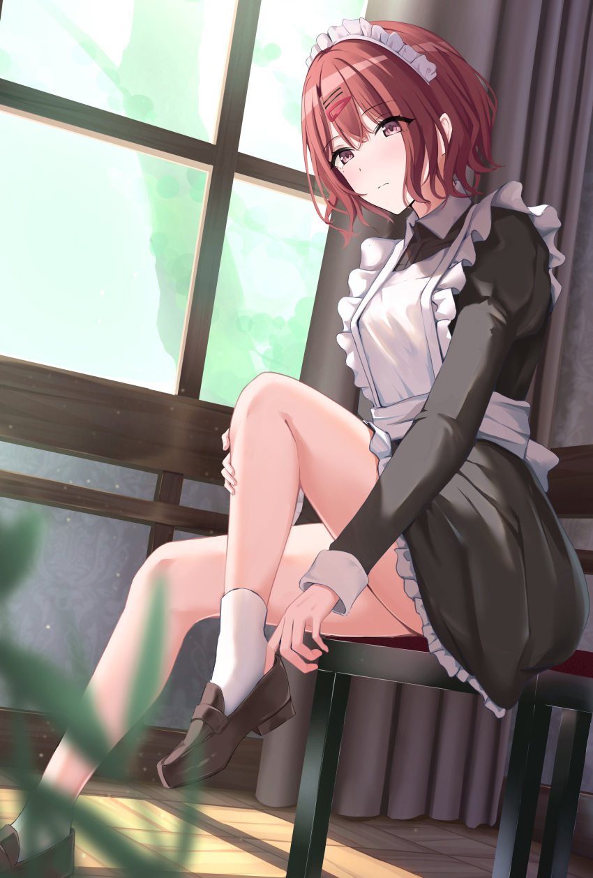 1girl absurdres apron bangs brown_hair eyebrows_visible_through_hair frills full_body hair_between_eyes hair_ornament hairclip highres higuchi_madoka idolmaster idolmaster_shiny_colors knee_up long_sleeves maid maid_apron mole mole_under_eye on_chair purple_eyes putting_on_shoes short_hair sitting window yuro_(7_yuro)