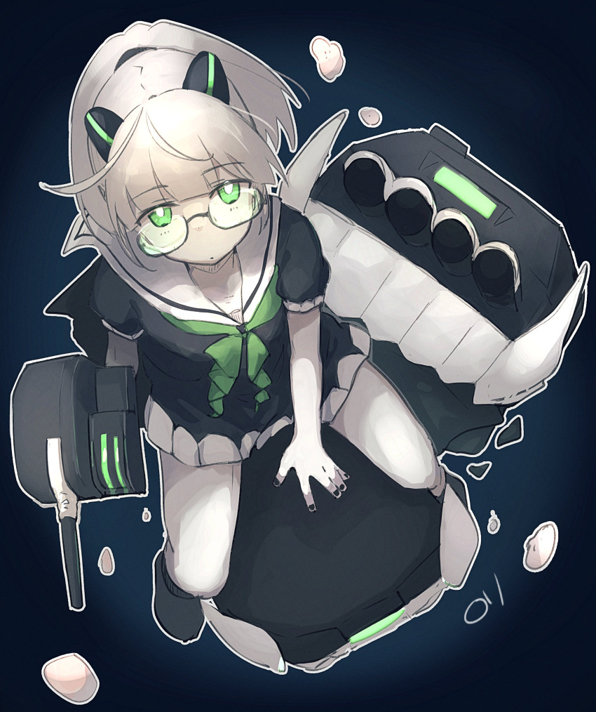 1girl absurdres abyssal_plum_princess abyssal_ship bangs black_dress black_nails closed_mouth colored_skin dress eyebrows_visible_through_hair glasses green_eyes green_neckerchief highres horns kantai_collection looking_at_viewer ma_rukan nail_polish neckerchief pale_skin sailor_collar sailor_dress short_sleeves signature sitting solo white_hair white_skin