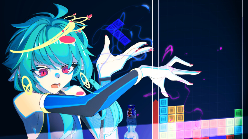 1other androgynous bangs clay_(claystate) detached_sleeves english_commentary eyebrows_behind_hair green_hair hair_behind_ear highres looking_down open_hands open_mouth pointy_ears ramune red_eyes red_nails short_hair_with_long_locks solo tetris tsunderia tsurugi_nen v-shaped_eyebrows
