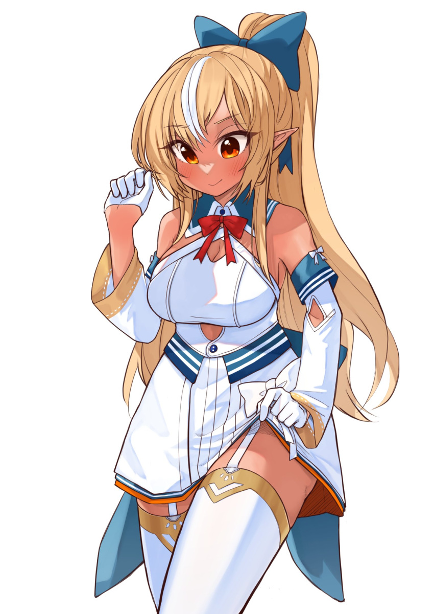 1girl bare_shoulders blonde_hair blue_bow blush bow breasts cleavage cleavage_cutout closed_mouth clothing_cutout dark-skinned_female dark_skin detached_sleeves elf eyebrows_visible_through_hair gloves hair_bow half_gloves high_ponytail highres hololive long_hair multicolored_hair orange_eyes pointy_ears ryoshi shiranui_flare skirt skirt_set smile solo streaked_hair underboob_cutout virtual_youtuber white_gloves white_legwear white_skirt