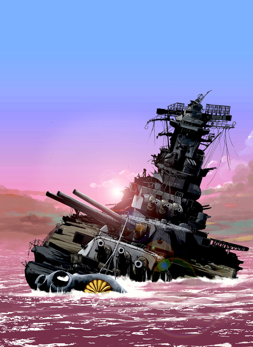 absurdres battleship blue_sky cloud highres imperial_japanese_army imperial_japanese_navy matsuda_juukou military military_vehicle musashi_(battleship) navy ocean original ship sinking sky sunlight tagme warship watercraft weapon