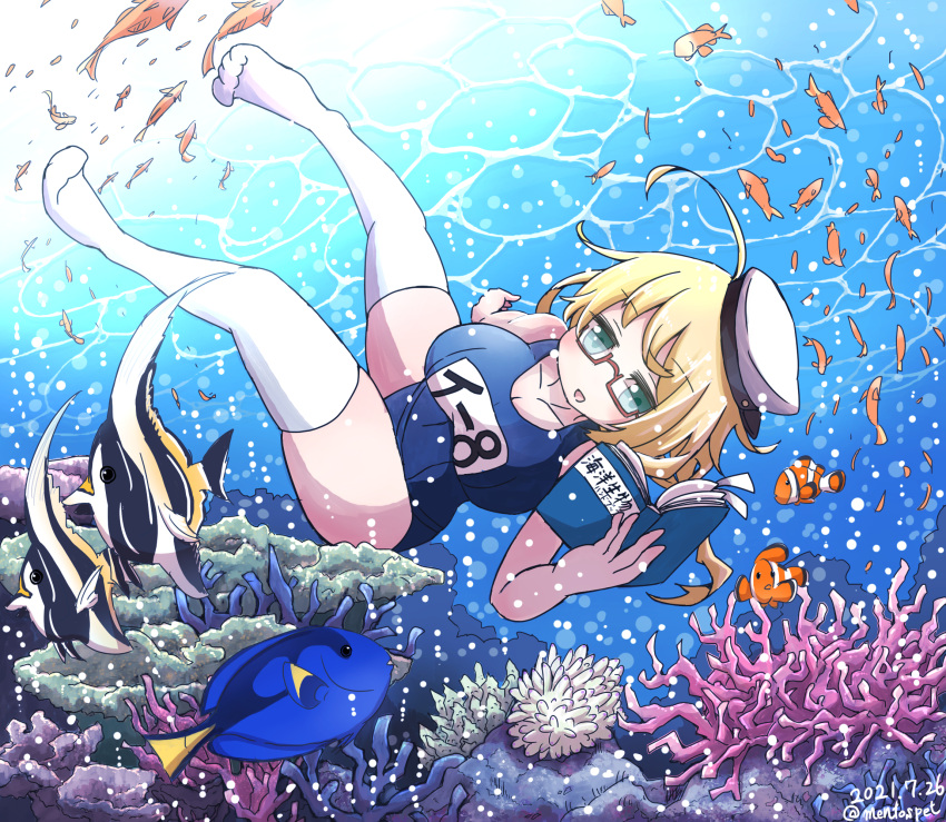 1girl ahoge animal_request aoba_(akibajun) blonde_hair book breasts clownfish fish freediving full_body glasses green_eyes hat highres i-8_(kancolle) kantai_collection large_breasts long_hair low_twintails name_tag peaked_cap red-framed_eyewear sailor_hat school_swimsuit semi-rimless_eyewear swimsuit thighhighs translation_request twintails under-rim_eyewear underwater white_legwear