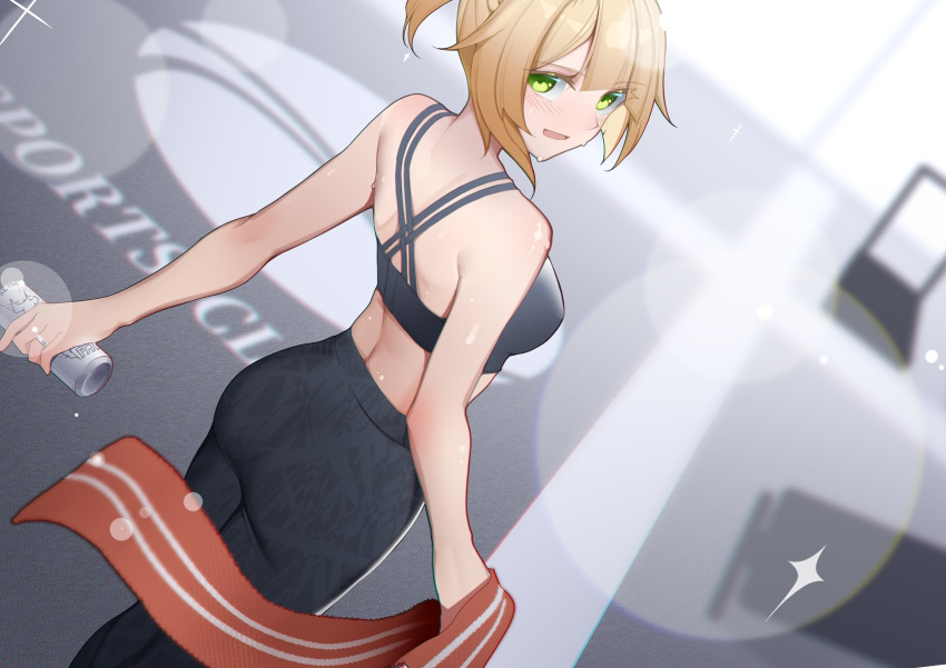 1girl black_pants black_sports_bra blonde_hair can commission from_behind girls'_frontline green_eyes high-waist_pants highres holding holding_can jewelry looking_at_viewer looking_back open_mouth pants ring short_hair skeb_commission smile solo sports_bra sweat tight tight_pants towel warashi wedding_band welrod_mkii_(girls'_frontline) yoga_pants