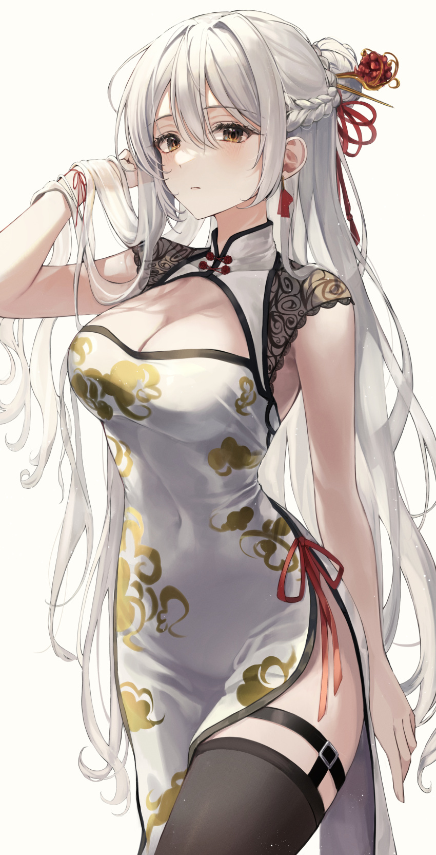 1girl absurdres bare_arms bare_shoulders between_legs black_legwear blush bow braid breasts china_dress chinese_clothes covered_navel dress ekina_(1217) floral_print flower flower_knot grey_eyes hair_bun hair_ornament hair_ribbon hairpin halterneck hand_in_hair highres long_hair looking_at_viewer medium_breasts no_panties original pelvic_curtain red_bow red_ribbon ribbon side_slit silver_hair sleeveless sleeveless_dress solo standing symbol-only_commentary taut_clothes taut_dress thighhighs thighs very_long_hair white_background white_dress white_hair wrist_cuffs