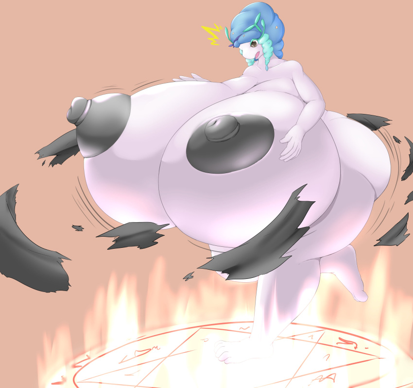 absurd_res anthro areola big_breasts black_nipples breast_expansion breasts butt butt_expansion clothing expansion female florges hi_res huge_breasts huge_thighs hyper hyper_breasts magic magic_circle nintendo nipples nude open_mouth pixie_blume pok&eacute;mon pok&eacute;mon_(species) solo sutasl thick_thighs torn_clothing video_games white_body wide_hips