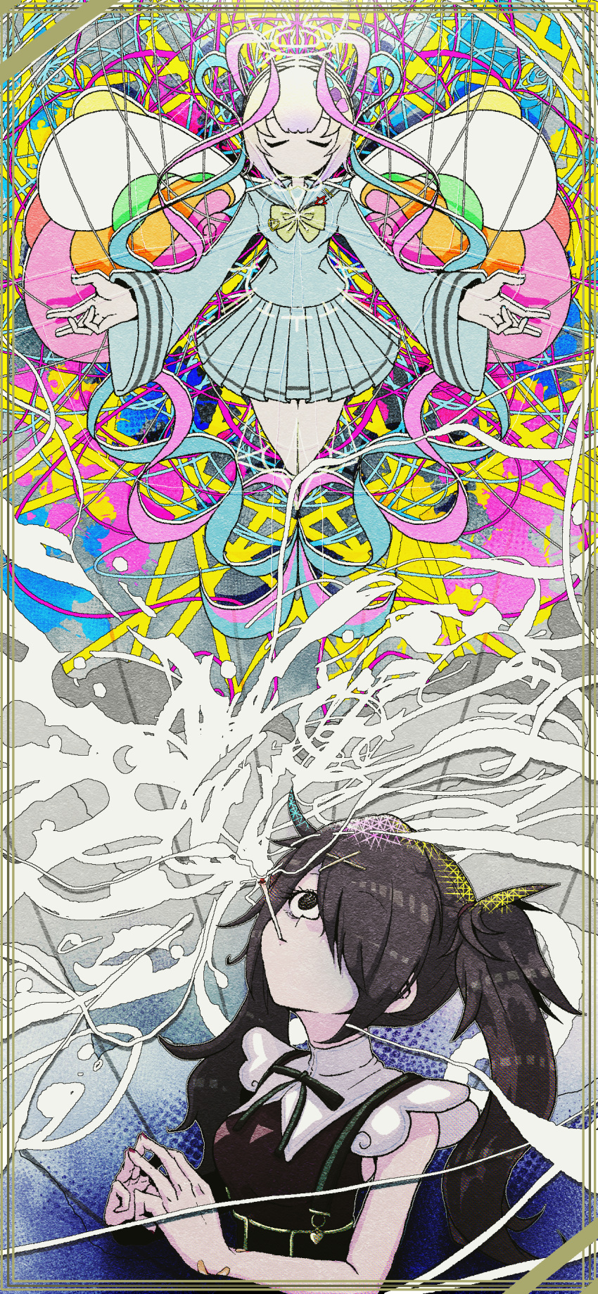 2girls abstract absurdres ame-chan_(needy_girl_overdose) bane_mk-2 black_eyes black_hair black_ribbon blue_hair bow chouzetsusaikawa_tenshi-chan closed_eyes drugs dual_persona hair_ornament hair_over_one_eye halo highres long_hair looking_up multicolored_hair multiple_girls neck_ribbon needy_girl_overdose outstretched_arms own_hands_together pink_hair pleated_skirt quad_tails red_nails ribbon sailor_collar school_uniform serafuku skirt smoke smoking stained_glass steepled_fingers suspender_skirt suspenders twintails upper_body very_long_hair white_hair wings x_hair_ornament yellow_bow