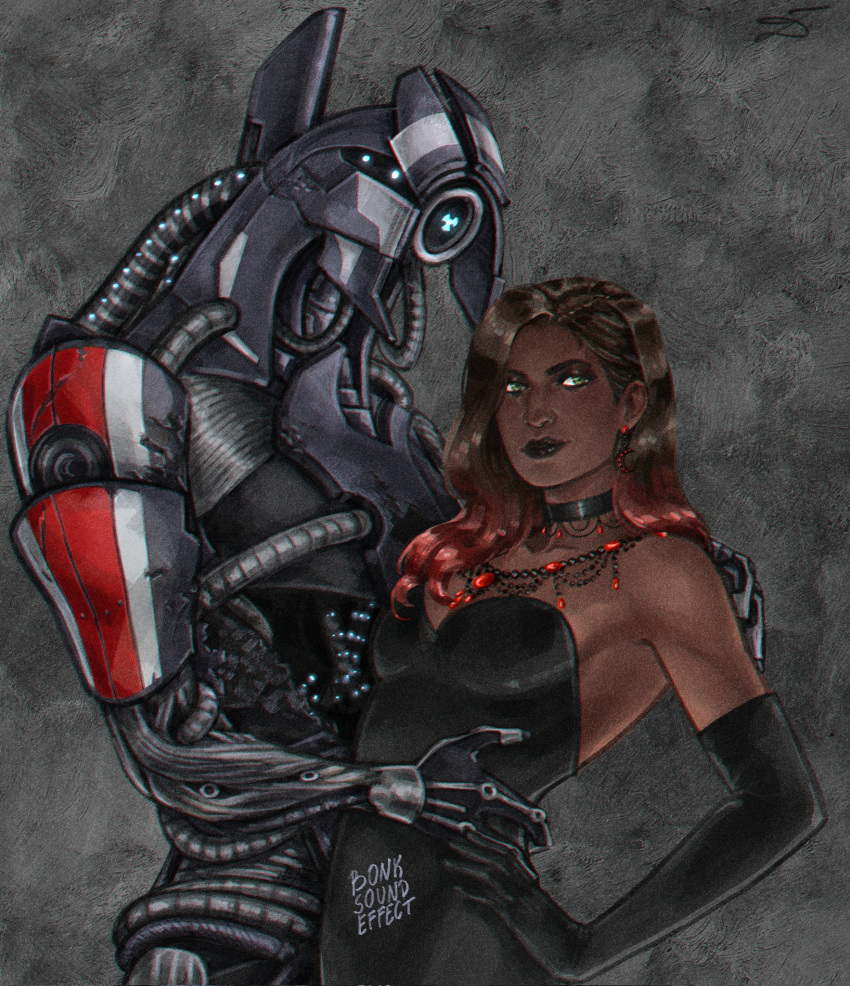 1_eye ambiguous_gender armor armwear bonksoundeffect choker clothing commander_shepard cuddling dress duo ear_piercing ear_ring elbow_gloves female female/ambiguous geth gloves glowing glowing_eyes handwear hi_res human jewelry larger_ambiguous legion_(mass_effect) machine mammal mass_effect necklace piercing robot size_difference smaller_female smaller_human standing video_games