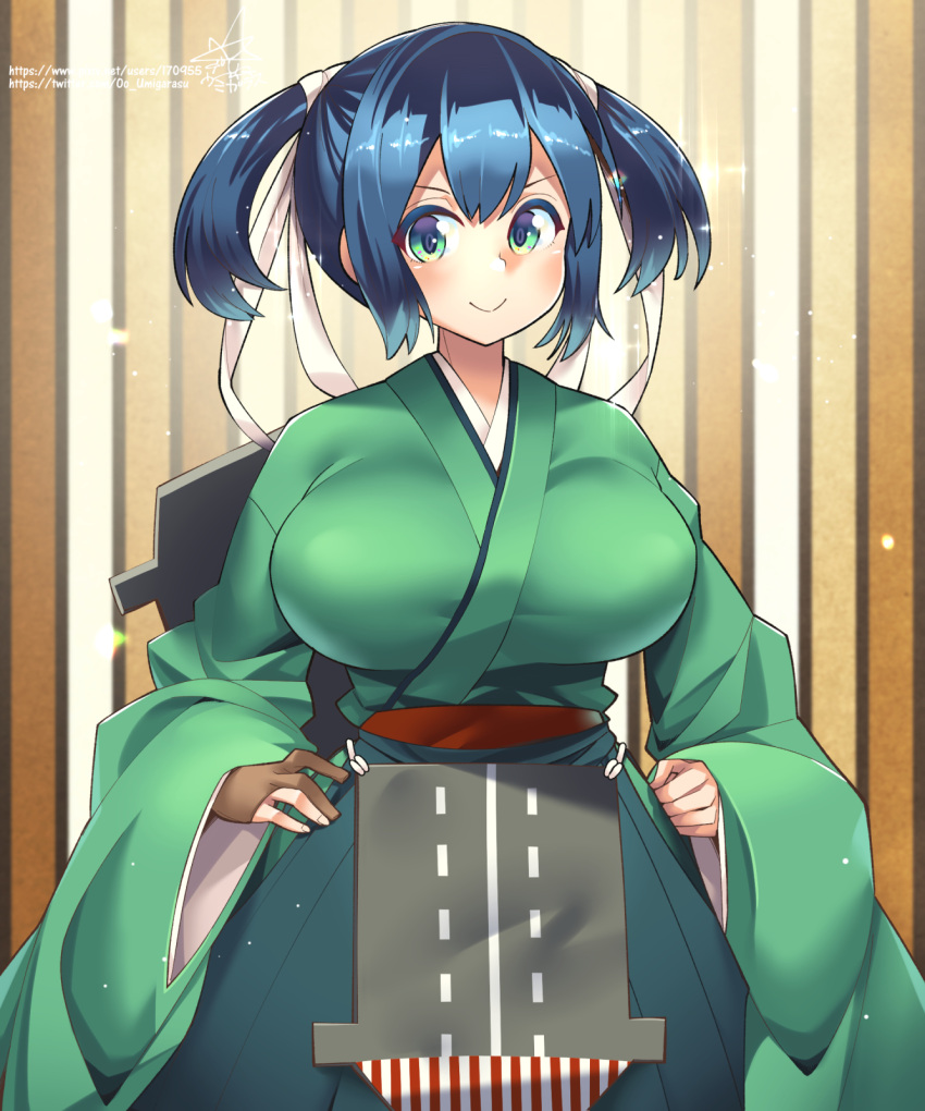 1girl artist_name blue_eyes blue_hair blush breasts brown_gloves closed_mouth flight_deck gloves green_hakama green_kimono hair_between_eyes hakama highres japanese_clothes kantai_collection kimono large_breasts long_sleeves partially_fingerless_gloves short_hair signature smile solo souryuu_(kancolle) twintails umigarasu_(kitsune1963) upper_body web_address wide_sleeves yugake