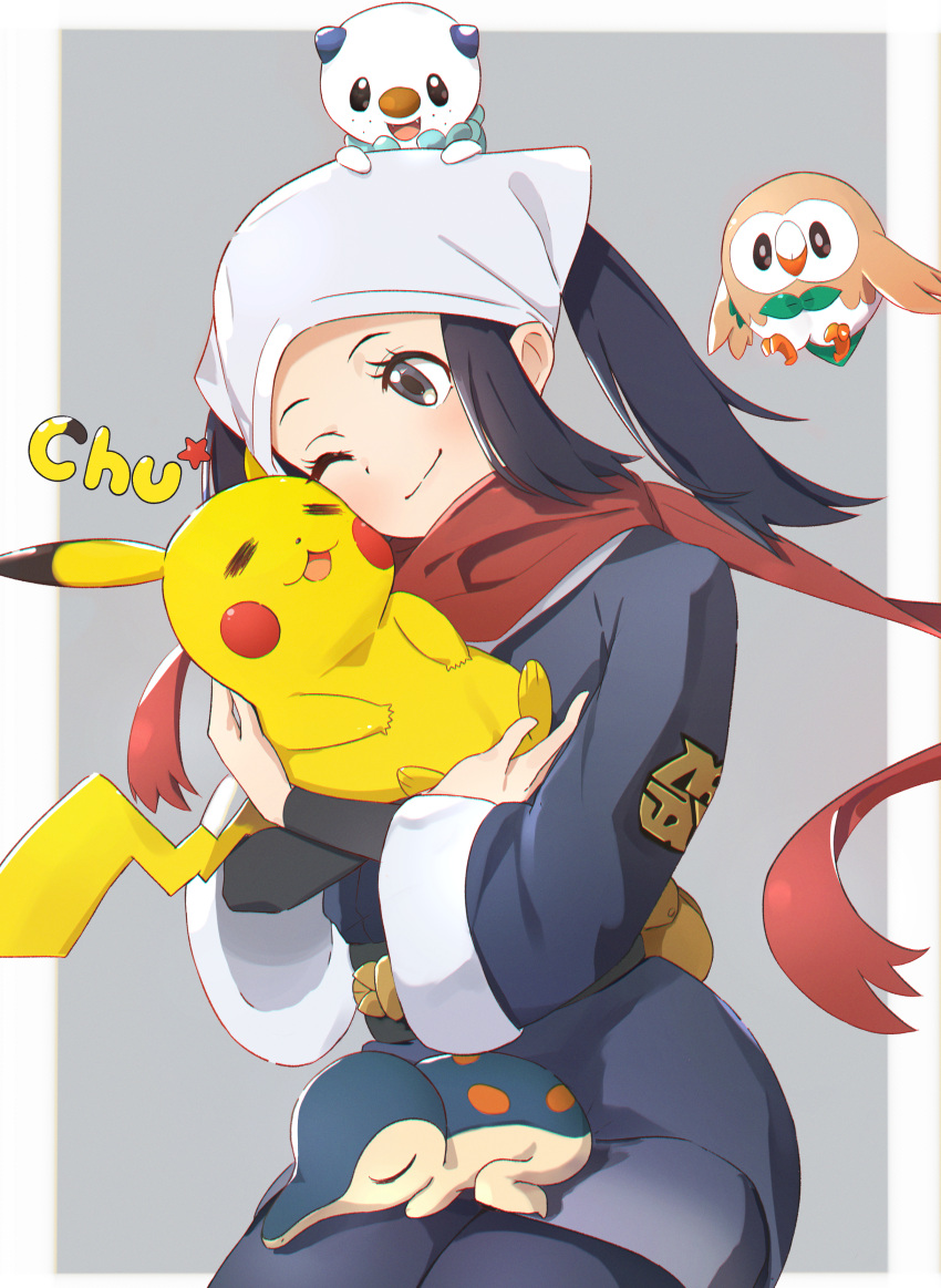 1girl absurdres akari_(pokemon) band_(skymole01) black_hair cheek-to-cheek cyndaquil galaxy_expedition_team_survey_corps_uniform grey_eyes head_scarf heads_together highres hug long_hair on_head on_lap one_eye_closed oshawott pikachu pokemon pokemon_(creature) pokemon_(game) pokemon_legends:_arceus pokemon_on_arm pokemon_on_head pokemon_on_lap ponytail red_scarf rowlet scarf smile white_headwear wide_sleeves