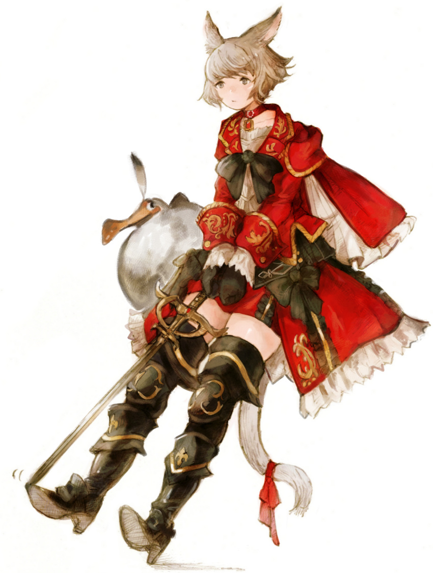 1girl animal_ears bangs bird black_gloves boots cat_ears cat_tail choker final_fantasy final_fantasy_xiv gloves grey_eyes grey_hair high_heel_boots high_heels highres holding holding_sword holding_weapon miqo'te peppermint_jet red_mage short_hair solo sword tail thigh_boots thighhighs weapon white_background