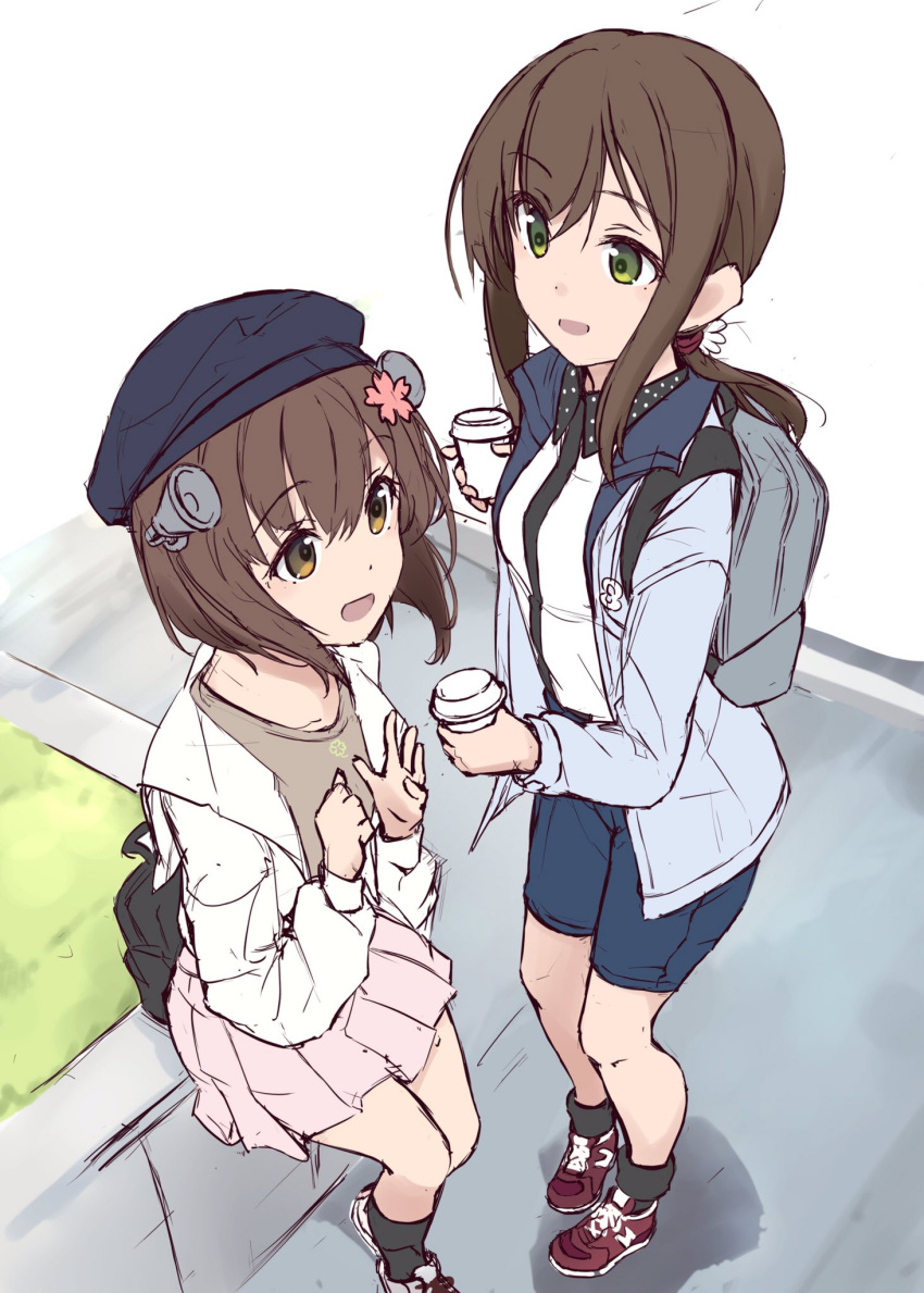 2girls alternate_costume backpack bag beige_skirt beret black_hair blue_headwear blue_shorts brown_eyes brown_hair commentary_request fubuki_(kancolle) green_eyes hat headgear highres hood hooded_jacket hoodie jacket kantai_collection long_hair minosu multiple_girls pleated_skirt shirt short_hair short_ponytail shorts skirt speaking_tube_headset standing white_jacket white_shirt yukikaze_(kancolle)