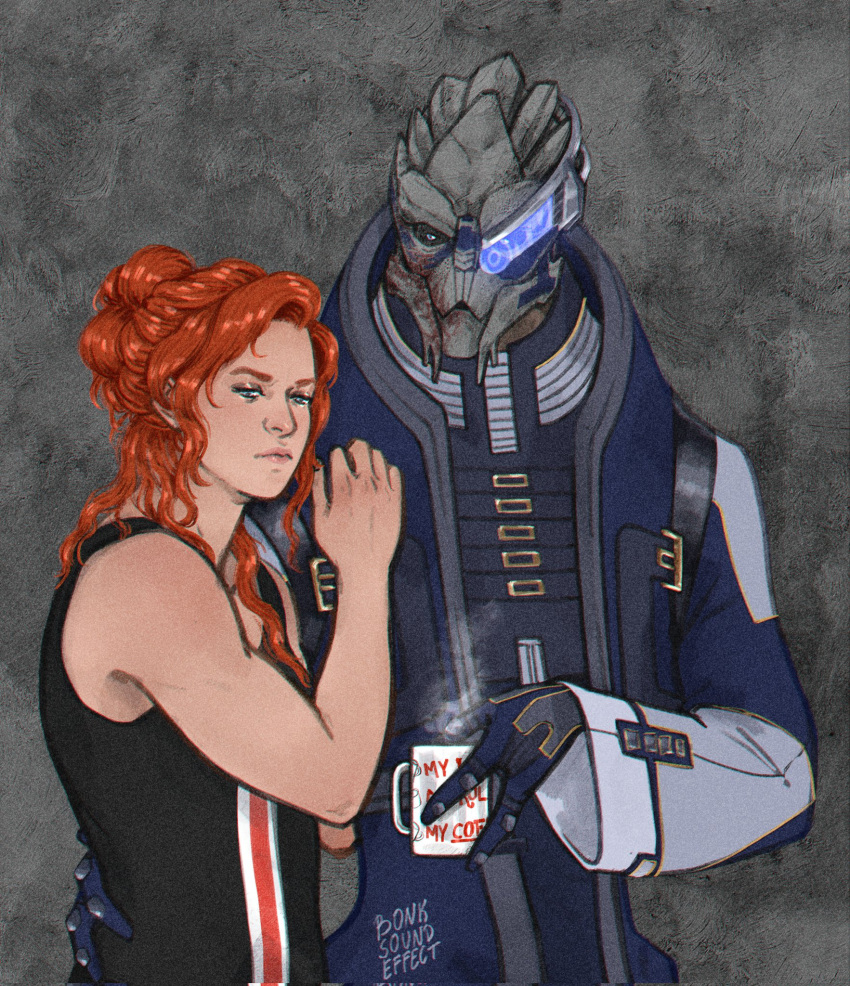 alien bodypaint bonksoundeffect clothing commander_shepard cuddling duo face_paint facial_scar female garrus_vakarian gloves handwear hi_res holding_mug human interspecies_relationship male male/female mammal mass_effect mug romantic romantic_couple scar shirt sleeveless_shirt standing steam topwear turian video_games visor