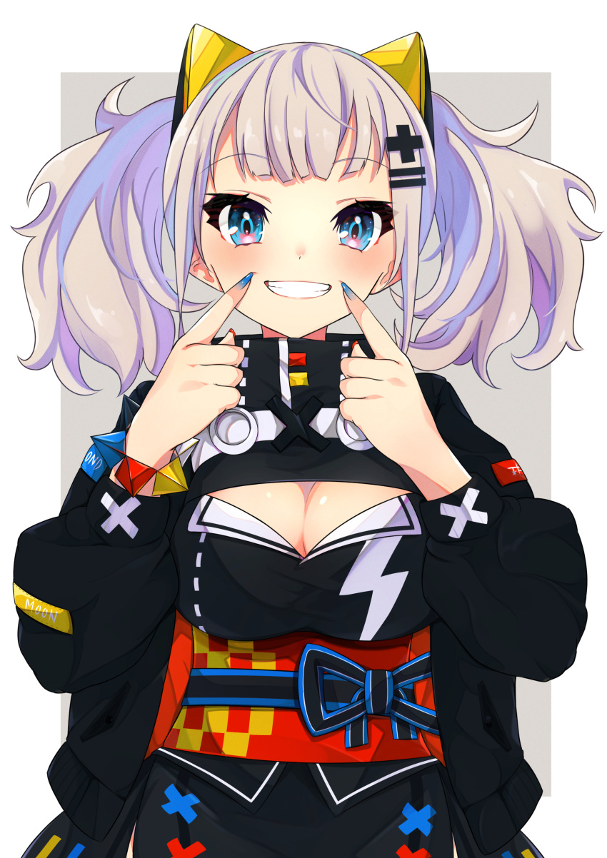 absurdres bangs blue_eyes blue_nails blunt_bangs breasts cleavage cleavage_cutout clenched_teeth clothing_cutout commentary_request eyebrows_visible_through_hair fingernails grey_background highres kaguya_luna long_sleeves looking_at_viewer medium_breasts nail_polish obi sash smile suzushika_(13_96) teeth the_moon_studio twintails two-tone_background virtual_youtuber white_background white_hair