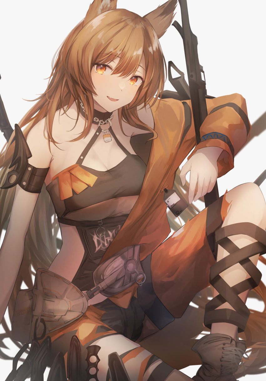 1girl absurdres animal_ears arknights black_collar black_shorts black_swimsuit boots breasts brown_footwear brown_hair ceobe_(arknights) ceobe_(summer_flowers)_(arknights) cleavage collar commentary dog_ears fang hair_between_eyes highres jacket kiyakyuu knee_up knife lock long_hair long_sleeves medium_breasts official_alternate_costume open_clothes open_jacket open_mouth orange_jacket padlock shorts simple_background sitting skin_fang solo swimsuit very_long_hair weapon white_background yellow_eyes