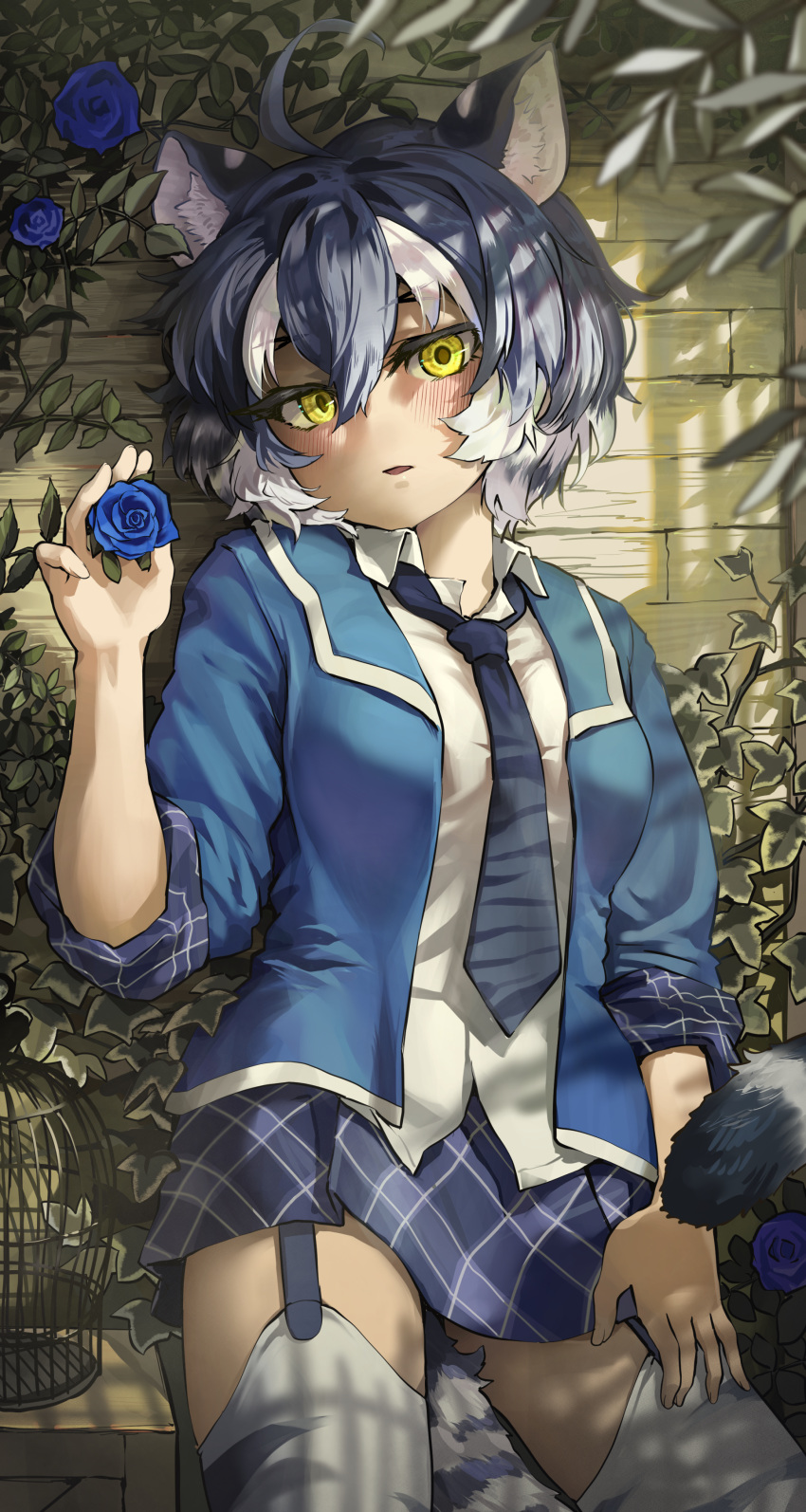 1girl absurdres against_wall ahoge animal_ears animal_print bangs between_breasts between_legs blue_flower blue_hair blue_rose breasts collared_shirt cowboy_shot dappled_sunlight extra_ears eyebrows_visible_through_hair fingernails flower forked_eyebrows garter_straps hair_between_eyes hand_on_own_thigh hand_up highres holding holding_flower jacket kemono_friends leaf leaning_back looking_at_viewer maltese_tiger_(kemono_friends) medium_hair melaton microskirt multicolored_hair necktie open_clothes open_jacket parted_bangs parted_lips plaid plaid_skirt plaid_sleeves plaid_trim plant print_necktie rose shirt sidelocks skirt sleeves_rolled_up solo streaked_hair sunlight tail tail_between_legs thighhighs tiger_ears tiger_girl tiger_print tiger_tail vines white_hair white_shirt wing_collar yellow_eyes zettai_ryouiki
