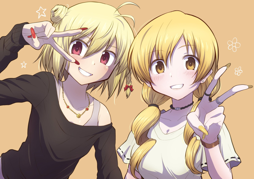 2girls ahoge blonde_hair breasts character_request choker cleavage copyright_request drill_hair ear_piercing earrings fingernails gold_necklace highres jewelry long_fingernails looking_at_viewer medium_breasts multiple_girls multiple_piercings multiple_rings necklace off_shoulder piercing red_eyes red_nails ring short_braid smile tan_background touyu_(yuruyuruto) v yellow_nails