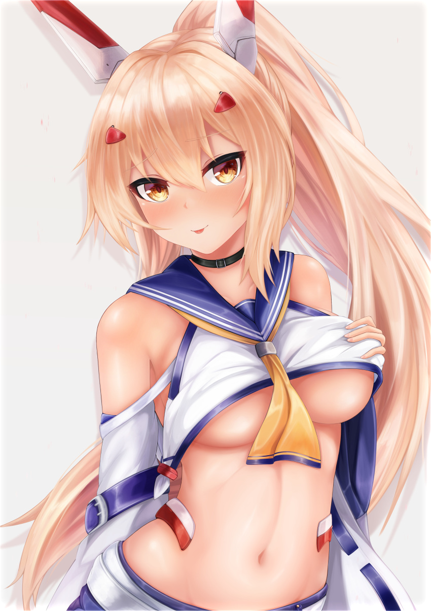 1girl absurdres ayanami_(azur_lane) azur_lane bare_shoulders belt black_choker blonde_hair blue_skirt breasts choker closed_mouth crop_top detached_sleeves hair_ornament hand_on_breast highres long_hair long_sleeves looking_at_viewer mechanical_ears medium_breasts midriff navel neckerchief no_bra orange_eyes ponytail retrofit_(azur_lane) revealing_clothes ryara sailor_collar shirt skirt smile solo stomach tongue tongue_out underboob upper_body very_long_hair white_shirt wide_sleeves