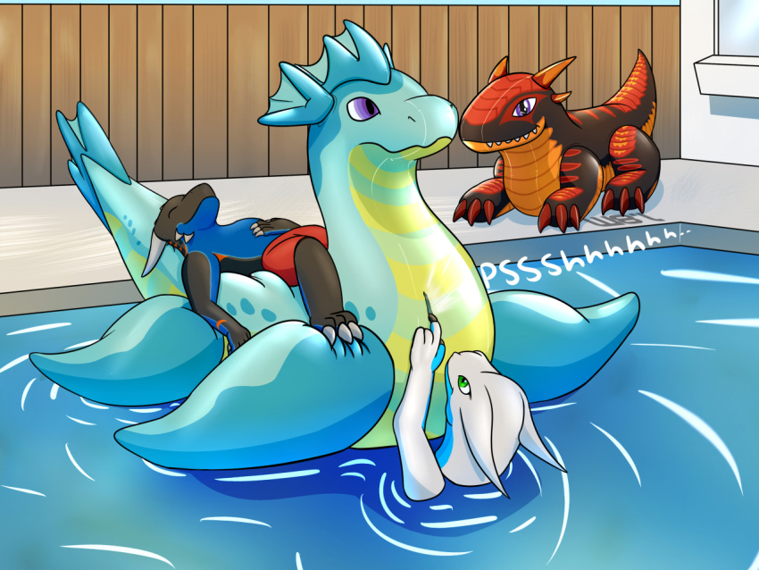 anthro aquatic_dragon claws deflation dragon duo female horn inflatable kammorne lying male male/female marine on_back outside partially_submerged pool_(disambiguation) pool_toy popping puffy_paws sharp_claws sleeping sneaking swimming text