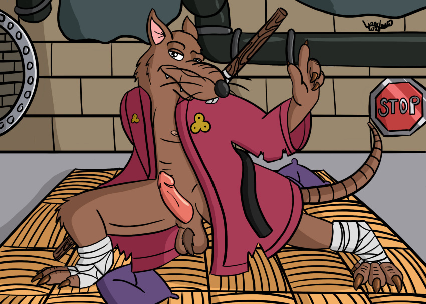 anthro bedroom_eyes bo_staff clothing erection genitals hi_res lionclaw looking_at_viewer male mammal martial_arts master_splinter mostly_nude murid murine narrowed_eyes penis pipe rat robe robe_only rodent seductive sewer solo stop_sign teenage_mutant_ninja_turtles