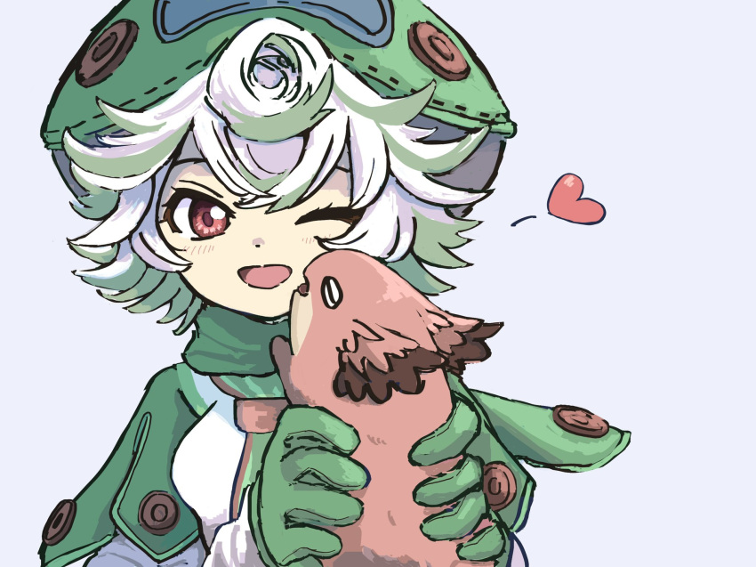 1girl aramosaurus blush gloves green_gloves green_headwear green_scarf heart highres looking_at_viewer made_in_abyss meinya_(made_in_abyss) one_eye_closed prushka red_eyes scarf short_hair sketch smile solo upper_body white_hair