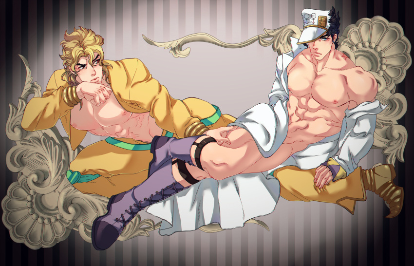 2boys bare_pectorals black_hair blonde_hair boots coat convenient_censoring diamond_wa_kudakenai dio_brando hat highres jacket jojo_no_kimyou_na_bouken kujo_jotaro large_pectorals less_end male_focus multiple_boys muscular muscular_male naked_coat no_undershirt pants pectorals red_eyes sock_garters stardust_crusaders white_coat yellow_jacket yellow_pants