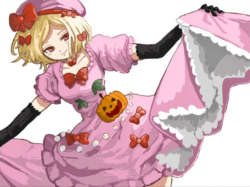 1girl aramosaurus black_gloves blonde_hair blush bow breasts cowboy_shot dress dutch_angle elbow_gloves gloves hat hat_bow highres jack-o'-lantern lambdadelta looking_at_viewer pink_bow pink_dress red_bow red_eyes short_hair small_breasts smile solo thighs umineko_no_naku_koro_ni white_background