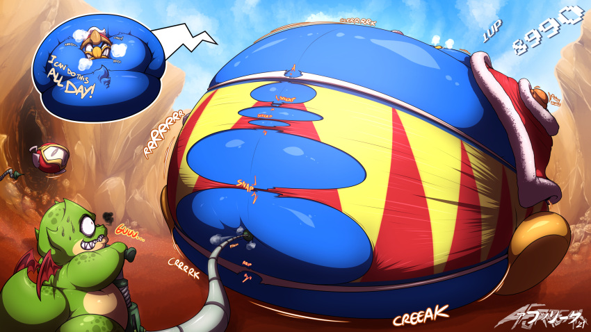 2021 afurreak air_inflation anthro avian bandai_namco belly big_belly bird blue_body blue_feathers bodily_fluids cape clenched_teeth close-up clothed clothing cloud dialogue dig_dug dragon feathers footwear group hat headgear headwear hi_res hose hose_inflation hyper hyper_belly hyper_inflation inflation king_dedede kirby_(series) macro male navel navel_inflation nervous_grin nervous_sweat nintendo nude one_eye_closed outside penguin pooka_(dig_dug) puffed_cheeks pump raised_tail scales scalie shoes sitting sky smoke smoke_from_nose standing sweat teeth text torn_clothing video_games wide_eyed wings