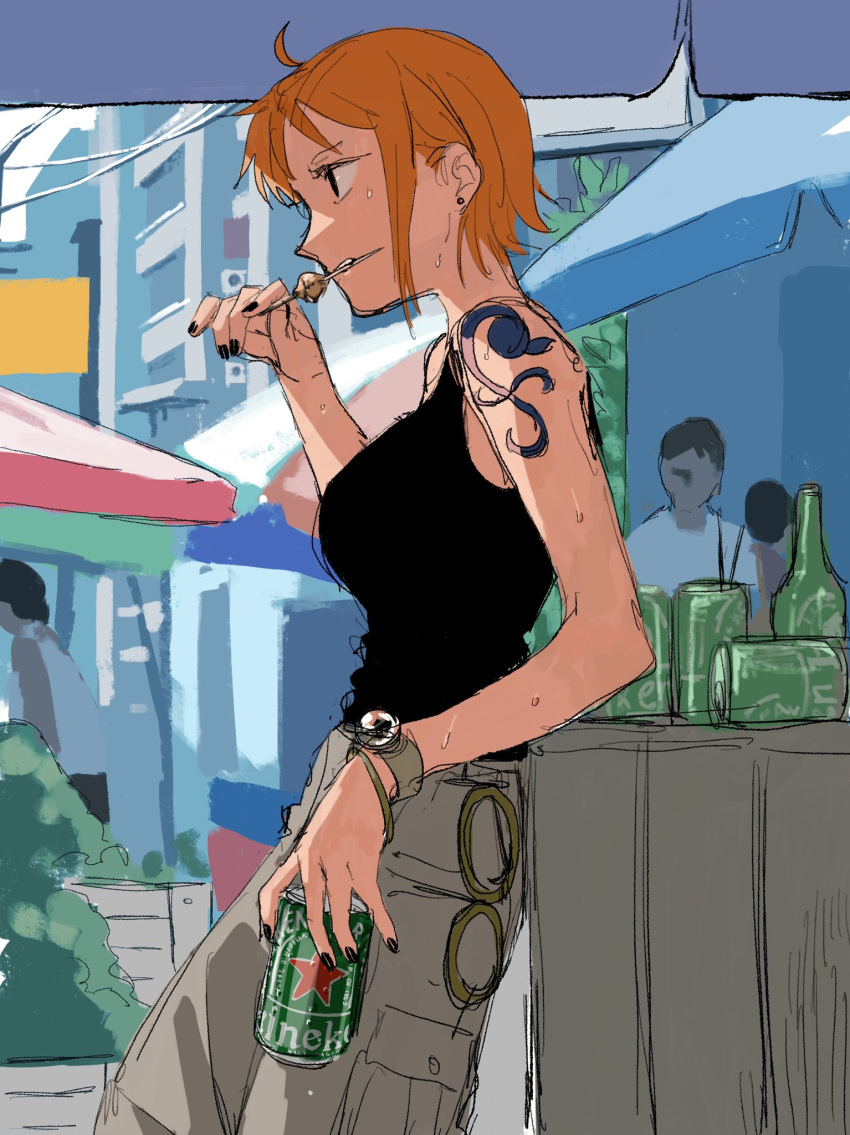 1girl 4myaku1 bare_shoulders black_nails black_shirt brown_pants eating heineken highres log_pose looking_away nami_(one_piece) one_piece orange_hair pants shirt short_hair shoulder_tattoo sketch sleeveless solo standing tatto tattoo