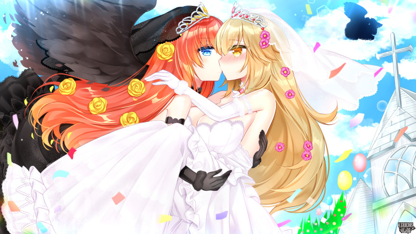 2girls bangs bare_shoulders black_dress black_gloves black_wings blonde_hair blue_eyes blue_sky blush breasts building carrying character_request cleavage cloud cloudy_sky confetti copyright_name cross day dress elbow_gloves eyebrows_visible_through_hair feathered_wings flower frilled_dress frills gloves hair_between_eyes hair_flower hair_ornament highres kerberos_blade kiss large_breasts latin_cross multiple_girls nose_blush orange_hair outdoors princess_carry purple_flower rose see-through shikito sky strapless strapless_dress tiara veil white_dress white_gloves wings yellow_eyes yellow_flower yellow_rose yuri