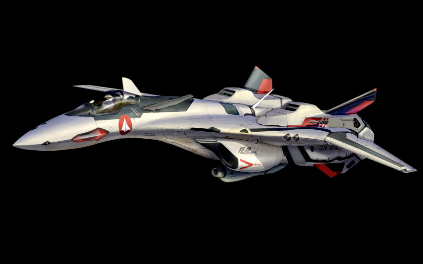 1boy absurdres aircraft airplane asterozoa black_background canopy_(aircraft) character_name fighter_jet helmet highres isamu_dyson jet macross macross_plus mecha military military_vehicle pilot_suit science_fiction solo variable_fighter vehicle_focus yf-19