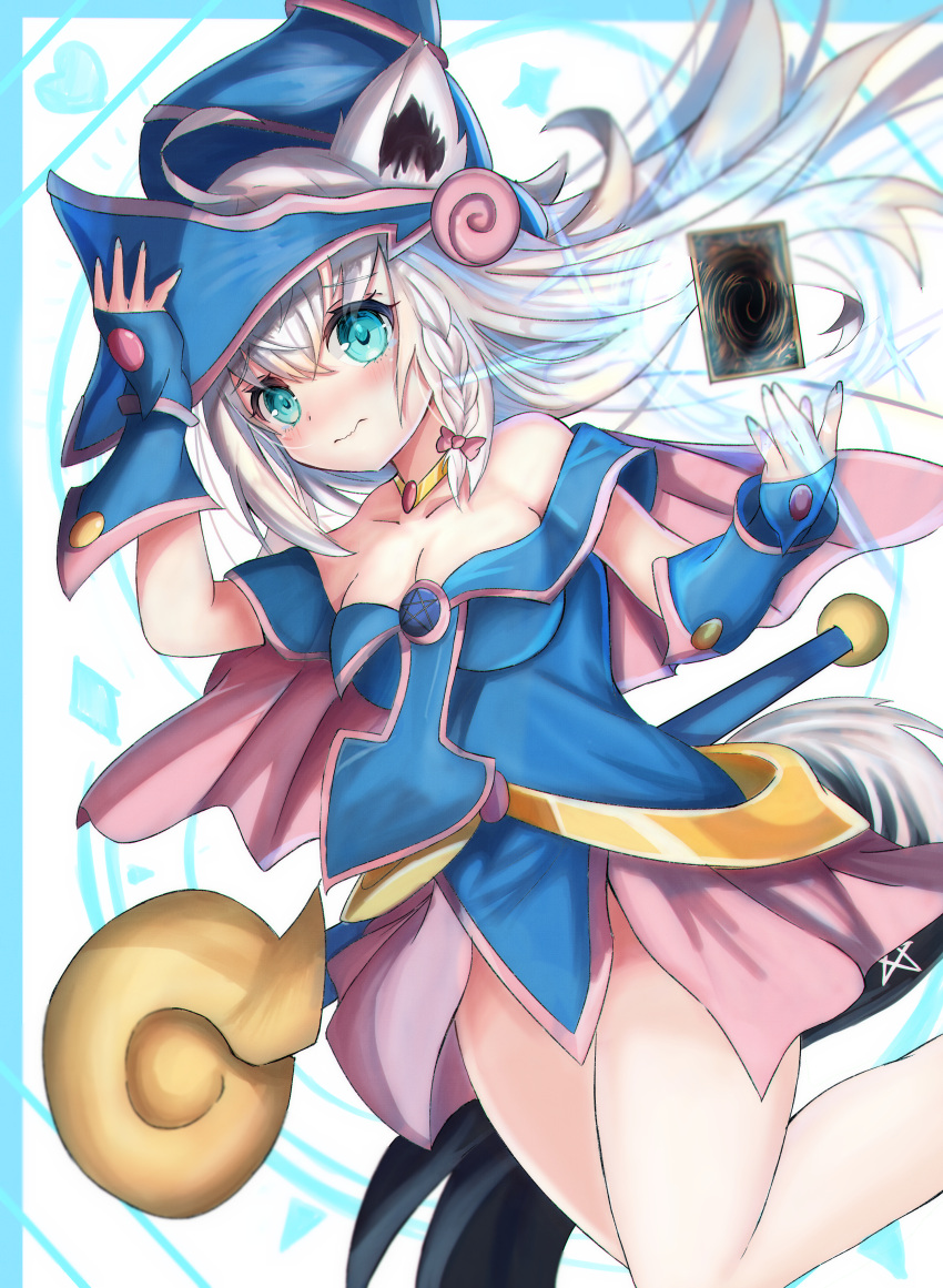 1girl absurdres ahoge animal_ears bangs black_legwear blue_dress blue_gloves blush braid breasts card cleavage collarbone commentary_request cosplay dark_magician_girl dark_magician_girl_(cosplay) dress eyebrows_visible_through_hair fingerless_gloves floating_hair fox_ears fox_girl fox_tail gloves green_eyes hair_between_eyes hat highres holding holding_clothes holding_hat hololive long_hair looking_at_viewer medium_breasts shirakami_fubuki sidelocks single_braid solo soma443 sparkle staff tail thighhighs virtual_youtuber wavy_mouth white_hair yu-gi-oh!