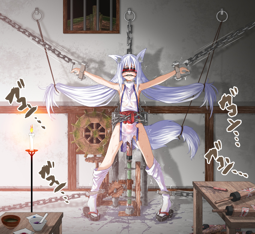 1girl animal_ears bangs bdsm blindfold bondage bound bound_arms bound_legs breasts chain chained eyebrows_visible_through_hair fox_ears fox_girl fox_tail full_body fumihiro gagged grey_hair highres indoors kitsune long_hair night okobo original pussy_juice restrained see-through sex_machine short_hair sidelocks small_breasts solo stationary_restraints sweat tail torn_clothes very_long_hair wet wet_clothes white_legwear window