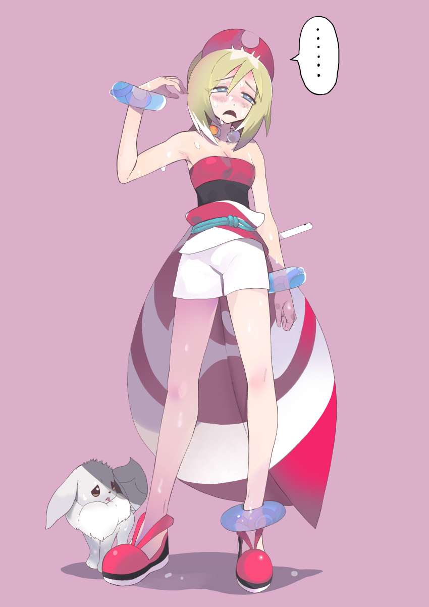 1girl absurdres alternate_color anklet bangs blonde_hair breasts bright_pupils cleavage collar commentary_request eevee frown full_body grey_eyes hairband half-closed_eyes hand_up highres hiro_(user_negm3832) hot irida_(pokemon) jewelry knees medium_hair open_mouth pokemon pokemon_(game) pokemon_legends:_arceus purple_background red_footwear red_hairband red_shirt sash shiny_pokemon shirt shoes shorts standing strapless strapless_shirt sweat waist_cape white_pupils white_shorts