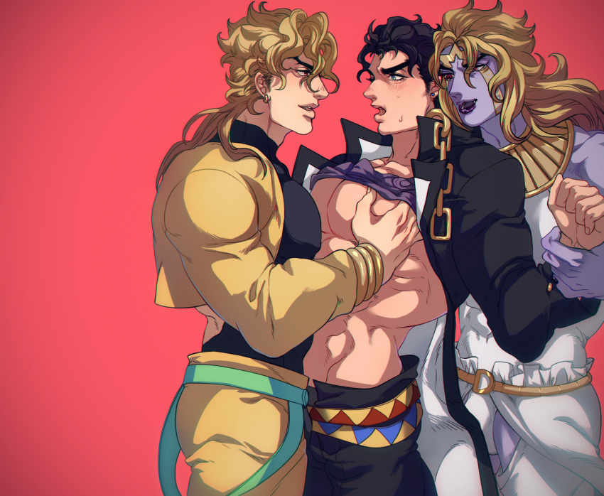 3boys armband black_hair blonde_hair blue_eyes blush boy_sandwich clothes_lift colored_skin cropped_jacket dio_brando dual_persona facial_mark grabbing heaven_ascended_dio holding_another's_wrist jacket jewelry jojo_no_kimyou_na_bouken jojo_no_kimyou_na_bouken:_eyes_of_heaven kujo_jotaro large_pectorals leotard less_end long_coat long_hair male_focus manboobs multiple_boys muscular muscular_male neck_ring no_humans pectoral_grab pectorals purple_skin sandwiched shirt_lift stardust_crusaders sweat wrist_cuffs yaoi yellow_jacket