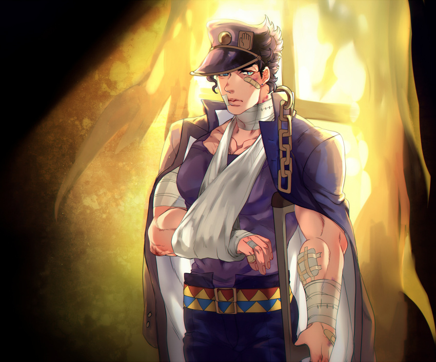 1boy arm_sling bandage_on_face bandaged_arm bandages bandaid bandaid_on_face biceps black_hair blue_eyes broken_arm cast coat coat_on_shoulders crutch hat highres jojo_no_kimyou_na_bouken kujo_jotaro large_pectorals less_end long_coat male_focus pectorals solo stardust_crusaders window