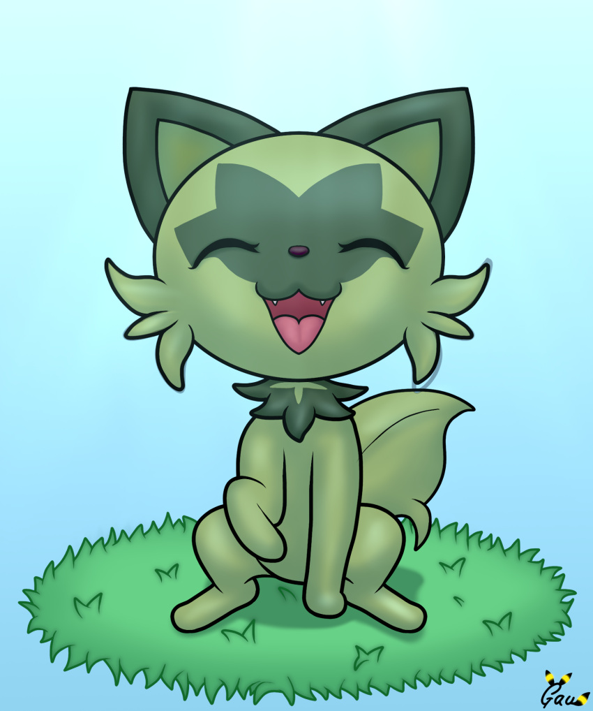 domestic_cat eyes_closed felid feline felis feral fur gau_(artist) grass green_body green_fur happy hi_res mammal nintendo open_mouth plant pok&eacute;mon simple_background solo sprigatito video_games