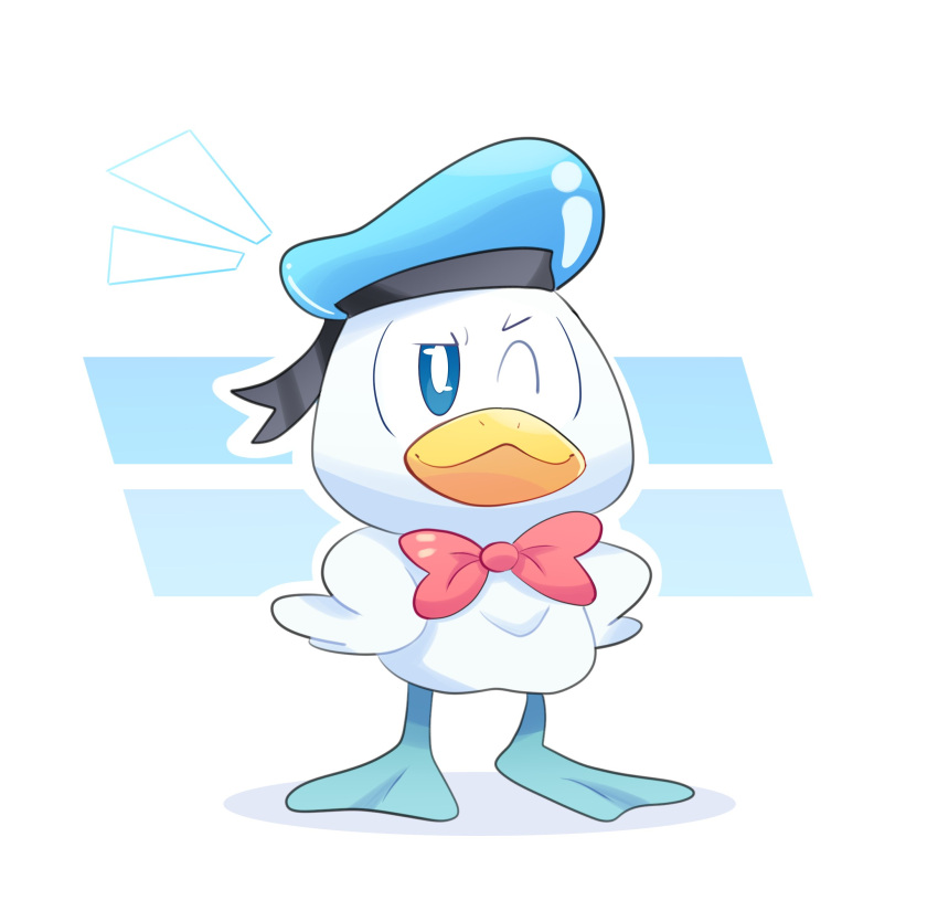 2022 absurd_res ambiguous_gender beak blue_clothing blue_hat blue_headwear bow_tie clothing disney donald_duck emanata feathers hands_on_hips hat headgear headwear hi_res membrane_(anatomy) nintendo one_eye_closed playcenter pok&eacute;mon pok&eacute;mon_(species) quaxly red_bow_tie sailor_hat simple_background smile solo standing video_games webbed_feet white_background white_body white_feathers wink yellow_beak